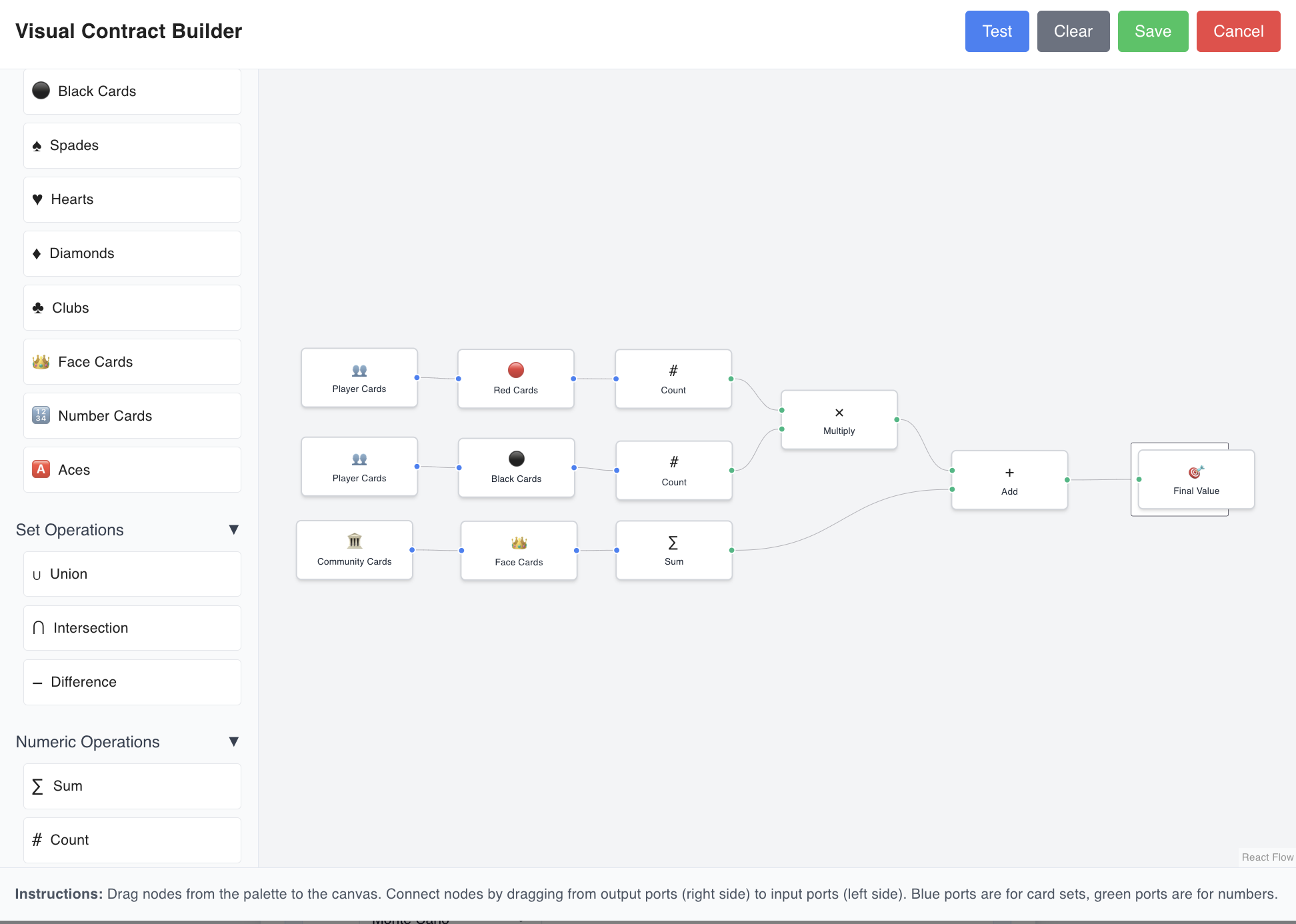 Visual contract builder interface showing drag-and-drop node editor