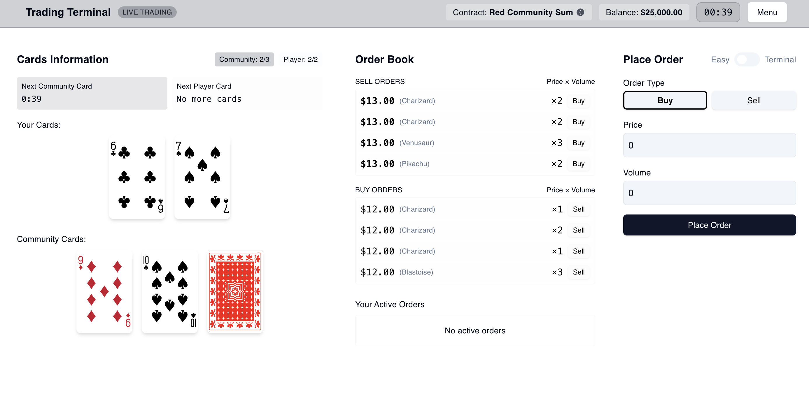 Trading Terminal live trading interface showing order book, cards, and trading controls