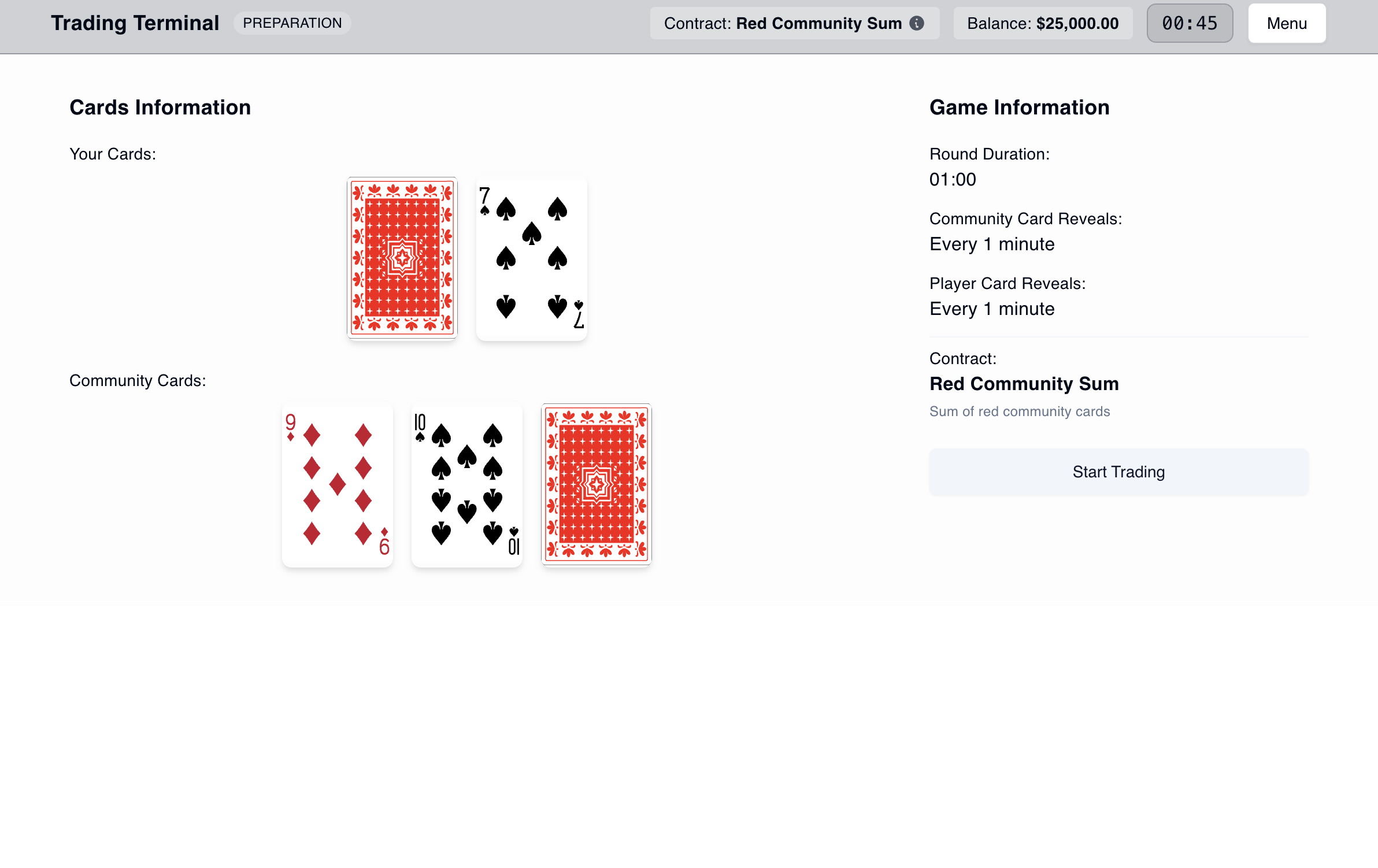 Preparation phase showing player cards and community cards